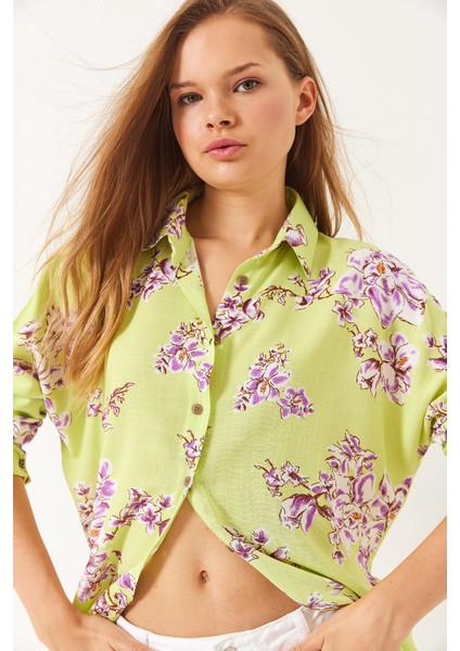 Kadın Çiçek Desenli Oversize Viskon Keten Gömlek fırsatları