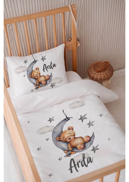 Bebek Yatak Nevresim Takımı, %100 Pamuk Saten, 100X150, Ayıcık Detaylı, Beyaz