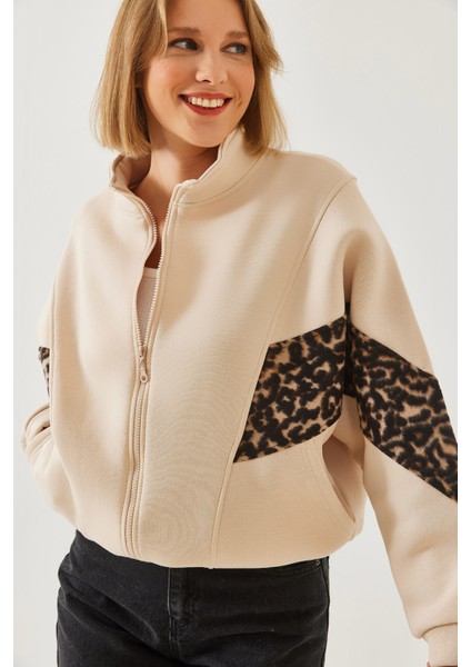 Kadın Leopar Desen Polar Garnili Fermuarlı Hırka