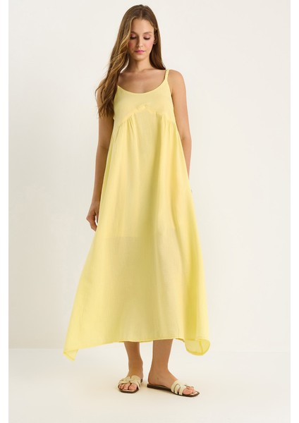 Kadın Saç Örgü Askılı Cep Detaylı Astarlı Salaş Müslin Elbise