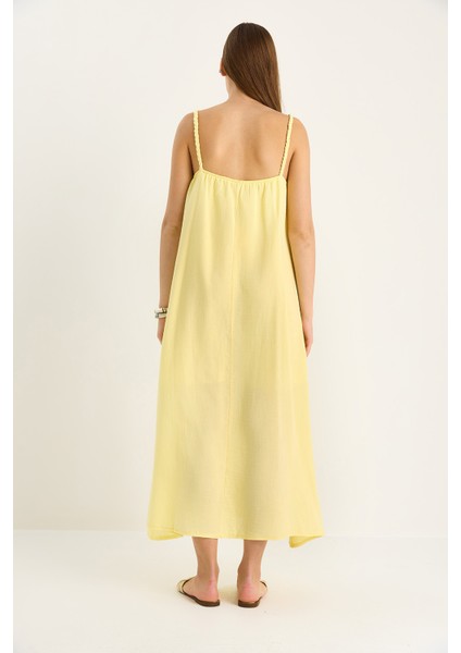 Kadın Saç Örgü Askılı Cep Detaylı Astarlı Salaş Müslin Elbise