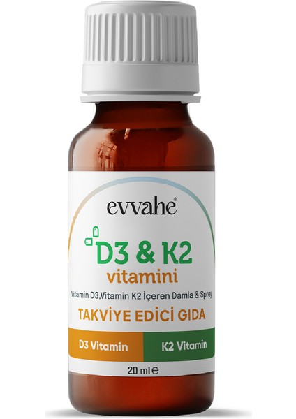Evvahe D3 & K2 Vitamini Takviye Edici Gıda 20 ml – Türkiye Üretimi, Damla veya Sprey Form Seçenekli fiyatları