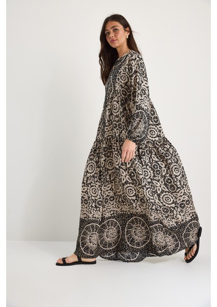 Kadın V Yaka Desenli Düğme Detaylı Maxi Viskon Elbise modelleri