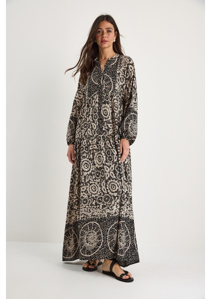 Kadın V Yaka Desenli Düğme Detaylı Maxi Viskon Elbise indirimleri