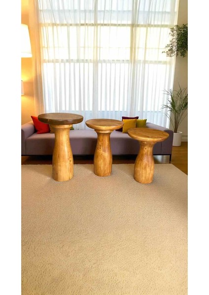 Masif Tik Ahşap Mantar Sehpa 3’lü Zigon Takımı – Doğal Renk Yan Sehpa Seti modelleri