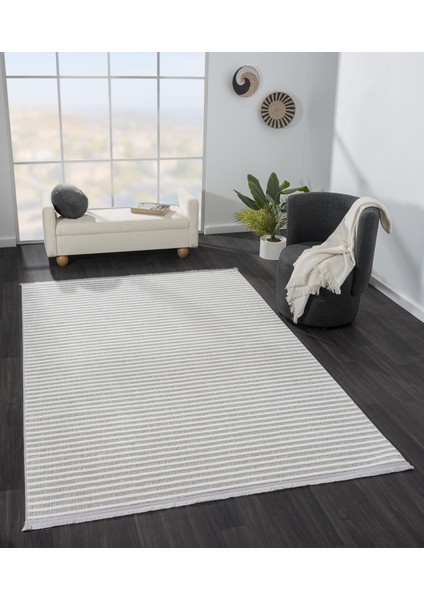 Sümer SM008A Gri Beyaz Çizgi Desen Halı Dekoratif Modern Tozuyok Antialerjik Salon Halısı Koridor modelleri