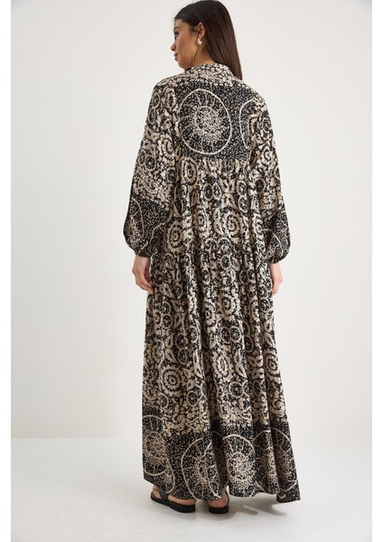 Kadın V Yaka Desenli Düğme Detaylı Maxi Viskon Elbise