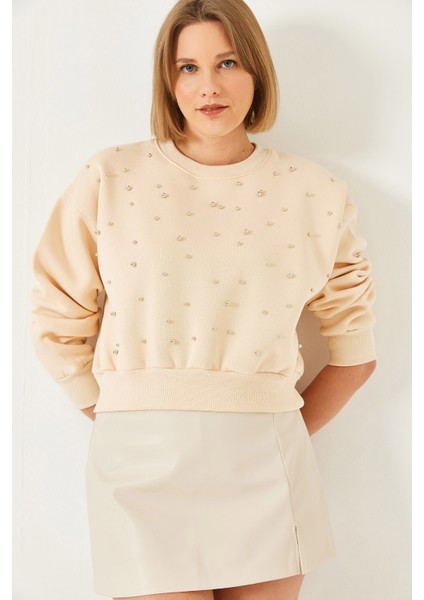 Kadın Bisiklet Yaka Önü Inci Çakmalı Üç Iplik Şardonlu Sweatshırt fiyatları