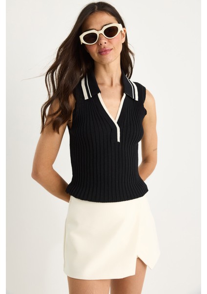 Kadın Polo Yaka Fitilli Kalın Askılı Yazlık Triko Bluz