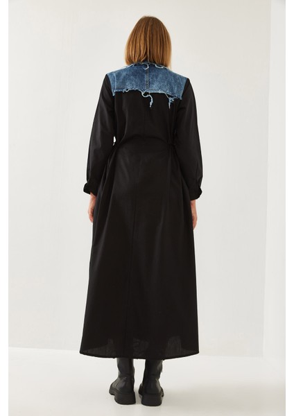 Kadın Denim Garnili Uzun Kloş Elbise