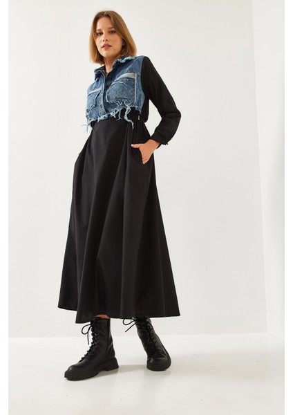 Kadın Denim Garnili Uzun Kloş Elbise modelleri