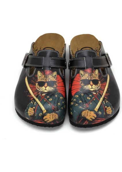 G251 Samuray Kedi Desen Baskılı Burnu Kapalı Siyah Bej Sabo Uniseks Erkek ve Kadın Terlik
