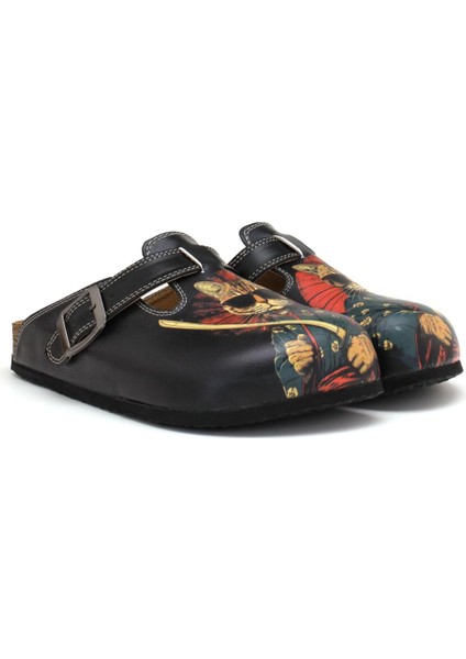 G251 Samuray Kedi Desen Baskılı Burnu Kapalı Siyah Bej Sabo Uniseks Erkek ve Kadın Terlik fiyatları