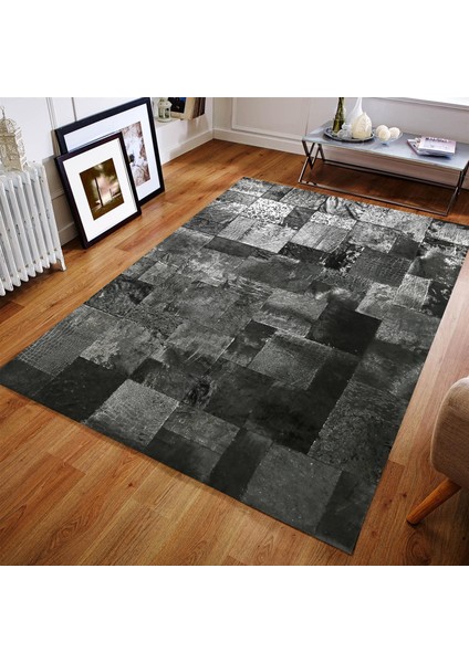 Siyah Gümüş Renkli El Dokuma Dana Derisi Halı – Hakiki Deriden Patchwork Tasarım
