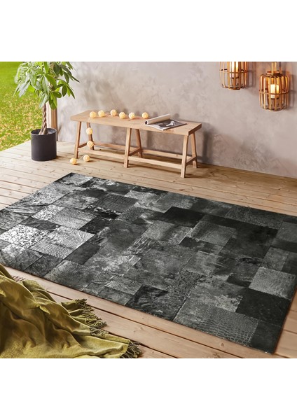 Siyah Gümüş Renkli El Dokuma Dana Derisi Halı – Hakiki Deriden Patchwork Tasarım fiyatları