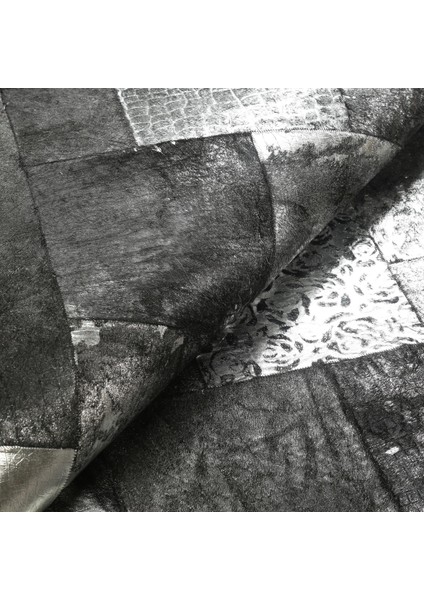 Siyah Gümüş Renkli El Dokuma Dana Derisi Halı – Hakiki Deriden Patchwork Tasarım modelleri