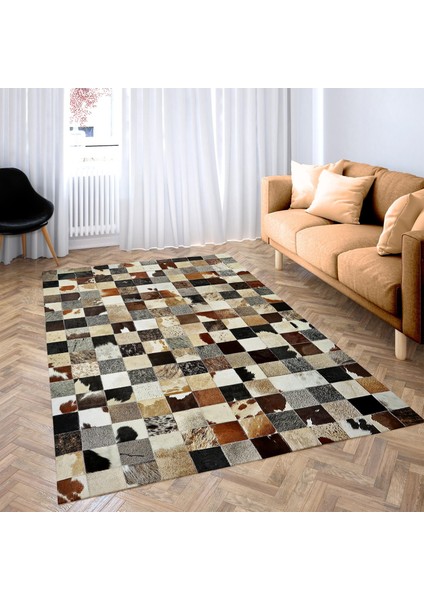 Kahverengi Dana Derisi Patchwork Halı, El Dokuma Hakiki Deri Halı, Modern Tasarımlı Dekor Halısı