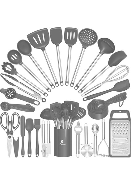 35 Parça Paslanmaz Çelik ve Silikon Uçlu Mutfak Spatula Seti Gri