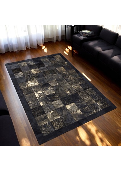 Bej Siyah Altın Renkli Dana Derisi Patchwork Halı – El Yapımı Hakiki Deri Lüks Giriş Halısı