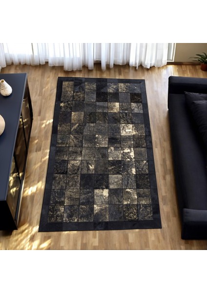 Bej Siyah Altın Renkli Dana Derisi Patchwork Halı – El Yapımı Hakiki Deri Lüks Giriş Halısı modelleri