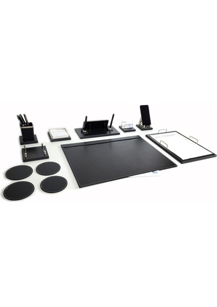 Master Ahşap-Deri Lüks Siyah Sümen Takımı Krom Detaylı Isimlikli Evrak Raflı