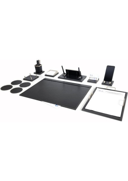 Master Ahşap-Deri Lüks Siyah Sümen Takımı Krom Detaylı Isimlikli Evrak Raflı modelleri