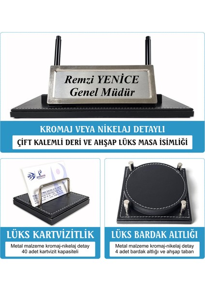 Master Ahşap-Deri Lüks Siyah Sümen Takımı Krom Detaylı Isimlikli Evrak Raflı indirimleri