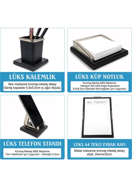 Master Ahşap-Deri Lüks Siyah Sümen Takımı Krom Detaylı Isimlikli Evrak Raflı