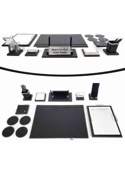 Master Ahşap-Deri Lüks Siyah Sümen Takımı Krom Detaylı Isimlikli Evrak Raflı