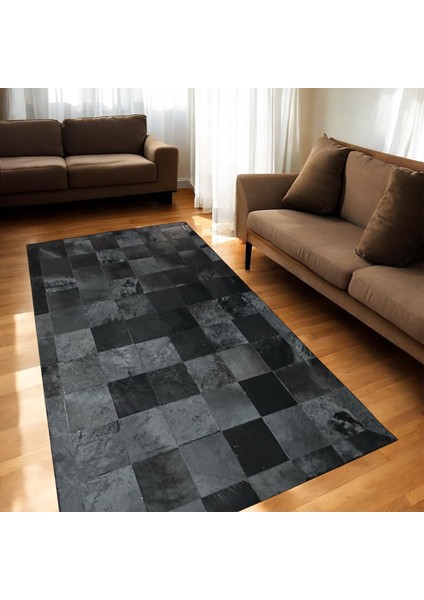 Siyah Dana Derisi Patchwork Halı, Gerçek Dana Derisi Halı, Kaymaz Tabanlı Deri Halı fırsatları