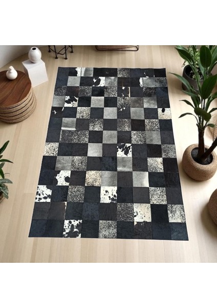El Yapımı Siyah Beyaz Patchwork Halı – Doğal Dana Derisi Şık Yatak Odası Halısı
