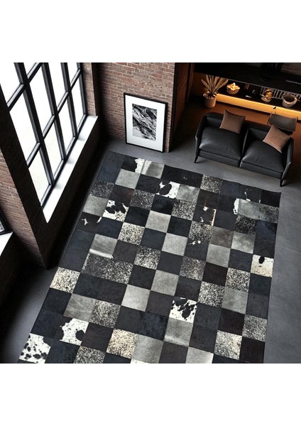 El Yapımı Siyah Beyaz Patchwork Halı – Doğal Dana Derisi Şık Yatak Odası Halısı fırsatları
