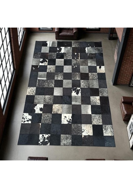El Yapımı Siyah Beyaz Patchwork Halı – Doğal Dana Derisi Şık Yatak Odası Halısı indirimleri