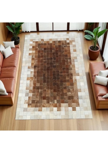 Doğal Dana Derisi Patchwork Halı – El Yapımı Kahverengi Modern Ortam Halısı