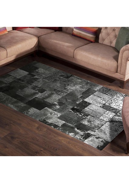 Siyah Gümüş Renkli El Dokuma Dana Derisi Halı – Hakiki Deriden Patchwork Tasarım fırsatları