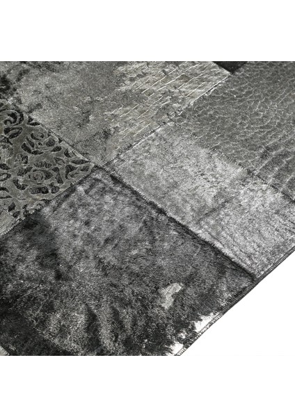 Siyah Gümüş Renkli El Dokuma Dana Derisi Halı – Hakiki Deriden Patchwork Tasarım indirimleri