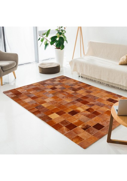 Kırmızı Geçişli Dana Derisi Patchwork Halı, Şık Dekoratif Salon Halısı