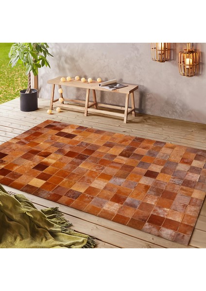 Kırmızı Geçişli Dana Derisi Patchwork Halı, Şık Dekoratif Salon Halısı fırsatları