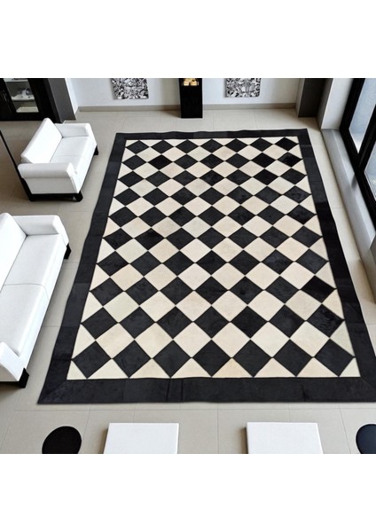 Siyah Beyaz Baklava Desenli Dana Derisi Patchwork Halı – El Yapımı Modern Salon Halısı indirimleri