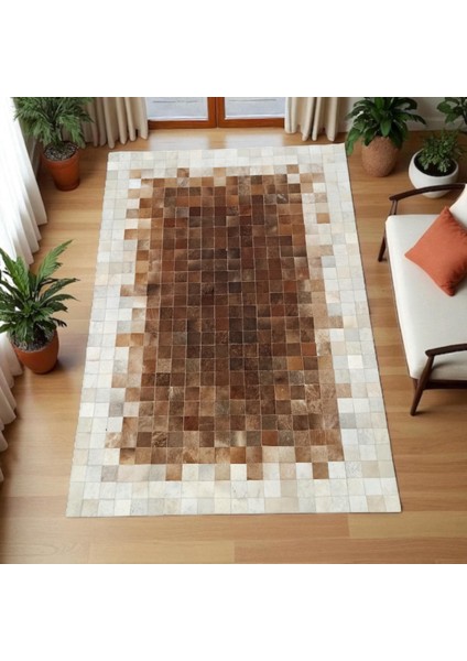 Doğal Dana Derisi Patchwork Halı – El Yapımı Kahverengi Modern Ortam Halısı indirimleri