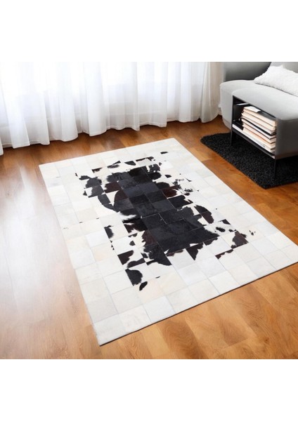 Doğal Beyaz Siyah Dana Derisi Patchwork Halı – El Dokuma Hakiki Deri Modern Salon Halısı