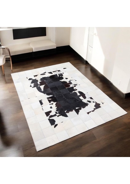 Doğal Beyaz Siyah Dana Derisi Patchwork Halı – El Dokuma Hakiki Deri Modern Salon Halısı fiyatları
