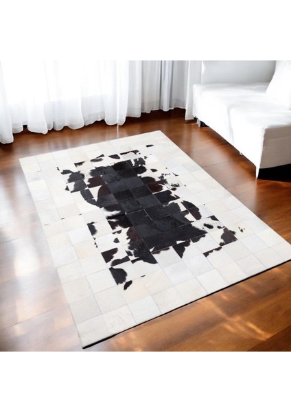 Doğal Beyaz Siyah Dana Derisi Patchwork Halı – El Dokuma Hakiki Deri Modern Salon Halısı indirimleri