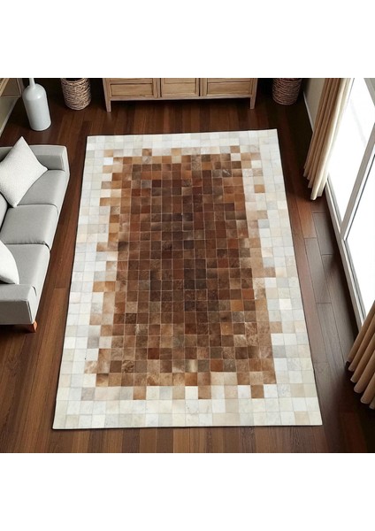 Doğal Dana Derisi Patchwork Halı – El Yapımı Kahverengi Modern Ortam Halısı modelleri