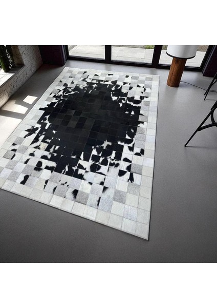 Siyah Beyaz Doğal Dana Derisi Patchwork Halı – El Dokuma Hakiki Deri Kaymaz Şık Salon Halısı