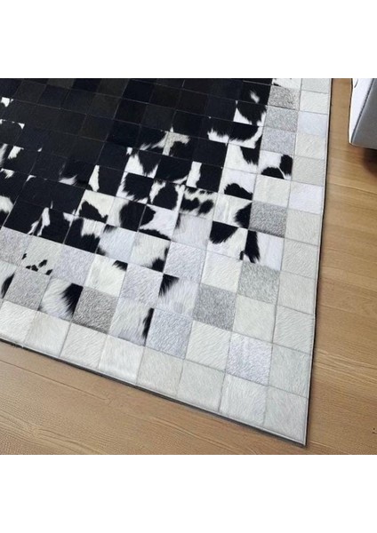 Siyah Beyaz Doğal Dana Derisi Patchwork Halı – El Dokuma Hakiki Deri Kaymaz Şık Salon Halısı fiyatları