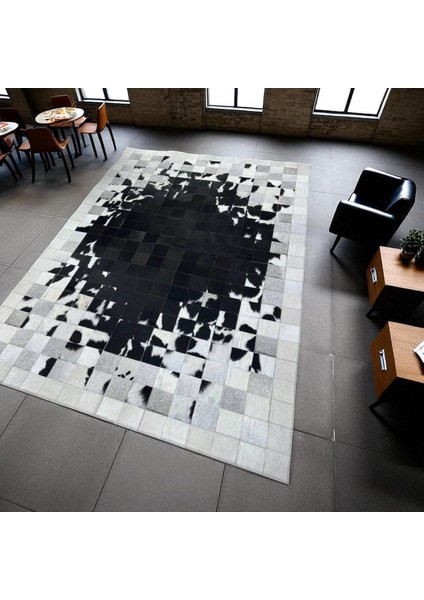 Siyah Beyaz Doğal Dana Derisi Patchwork Halı – El Dokuma Hakiki Deri Kaymaz Şık Salon Halısı modelleri