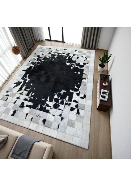 Siyah Beyaz Doğal Dana Derisi Patchwork Halı – El Dokuma Hakiki Deri Kaymaz Şık Salon Halısı fırsatları