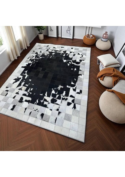 Siyah Beyaz Doğal Dana Derisi Patchwork Halı – El Dokuma Hakiki Deri Kaymaz Şık Salon Halısı indirimleri