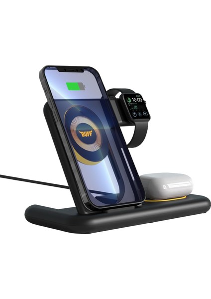 Labs Buff BL40 5in1 Telefon Watch Kulaklık Tutucu Kablosuz LED Işıklı Hızlı Şarj Standı